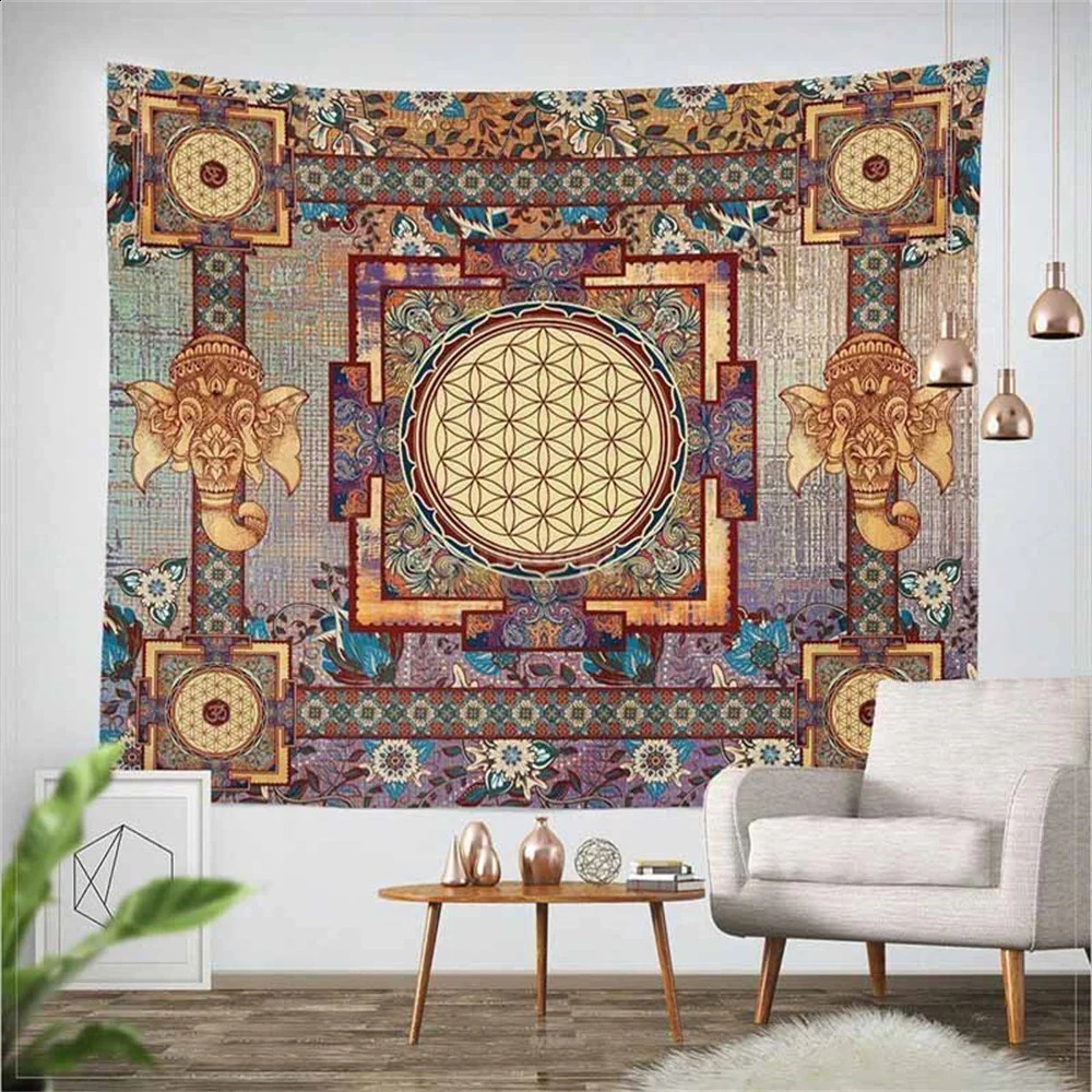 Classic Elephant Mandala Tapestry Wall Hanging Bohemian Flower Home Decoration Wall Hanging Tapestry Sofa Cover 240918