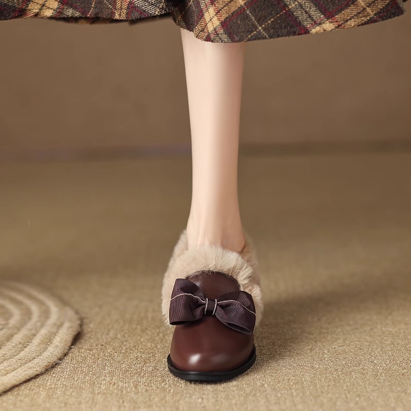 French retro soft leather thick heel with velvet loafers for women in winter butterfly knot small leather shoes cotton shoes for outerwear hairy singl