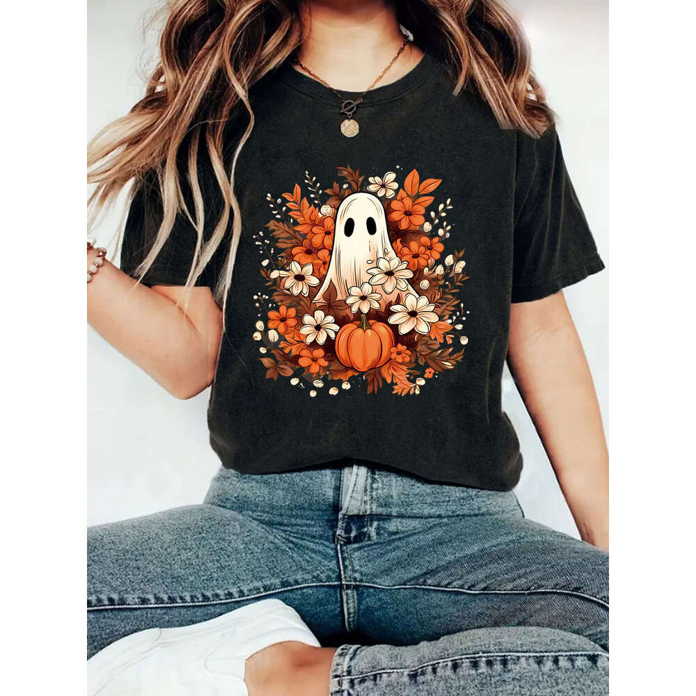 Hallowmas Summer Girl Ghost Flower Pattern Round Neck Short Sleeve Casual Fashion Halloween T-shirt