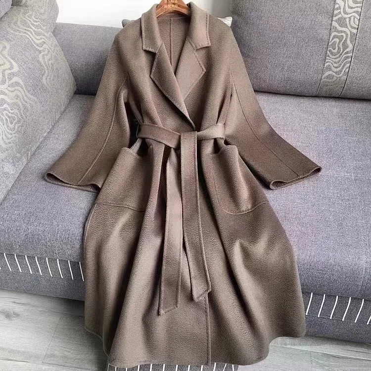 MAX Women Jacket Autumn Winter Labbro Bathrobe Water Ripple Double Faced Wool Coat Lace Up Woolen Long Coat Women 240909