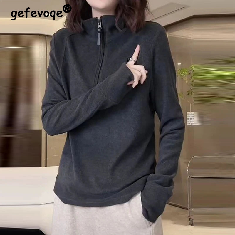Women Trendy Half Zipper Stand Collar Simple Casual Sweatshirts Y2K Autumn Winter Female Solid Thicken Warm Basic Pullover Tops 240906