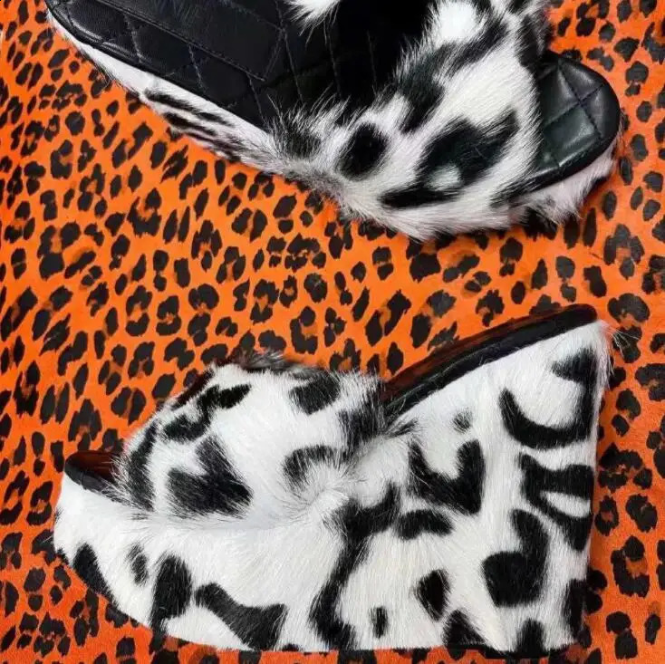 2024 women feminine high-heeled fur drag outdoor all-match shoes slippers round head wedges with mink fur ms slippers 240914