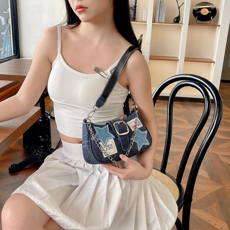 2025 NEW Totes Women Fashion Shoulder Bag Stars Pattern Denim Chain Underarm Adjustable Strap Vintage Handbag Girls Outdoor Daily zhanyishengli