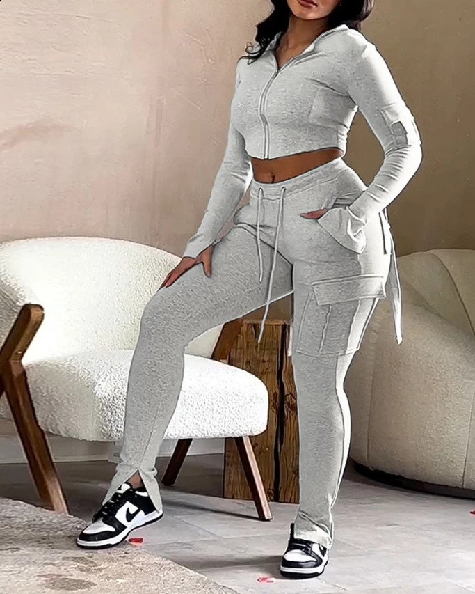 Elegant 2-Piece Sets for Women Autumnwinter Zipper Exposed Navel Hooded Sweatshirt Drawstring Pocket Work Pants Set 240918
