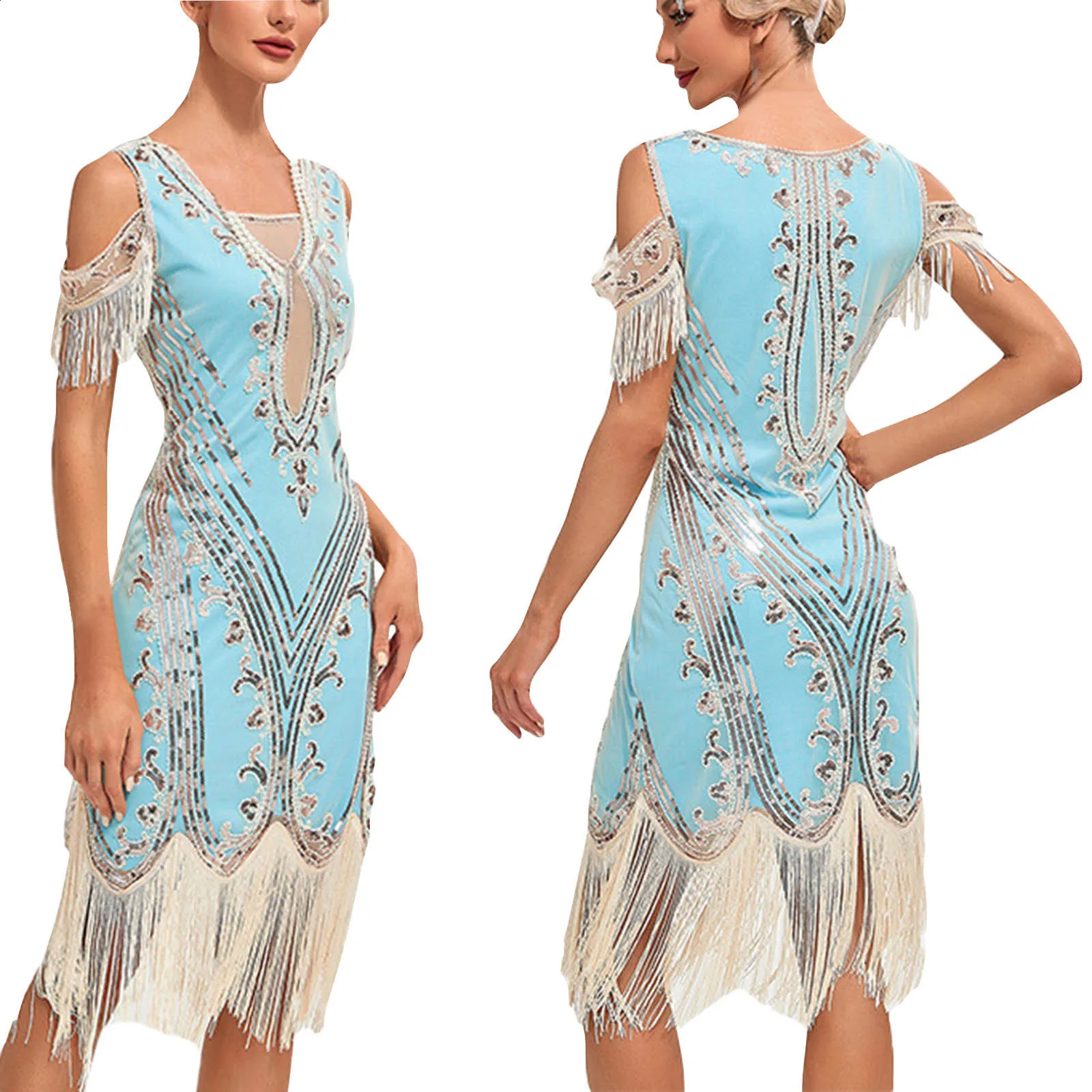 1920s vintage Flapper Great Gatsby party dress Vneck sleeveless sequin beaded style tassel Vestitos Feminina 1920 240914