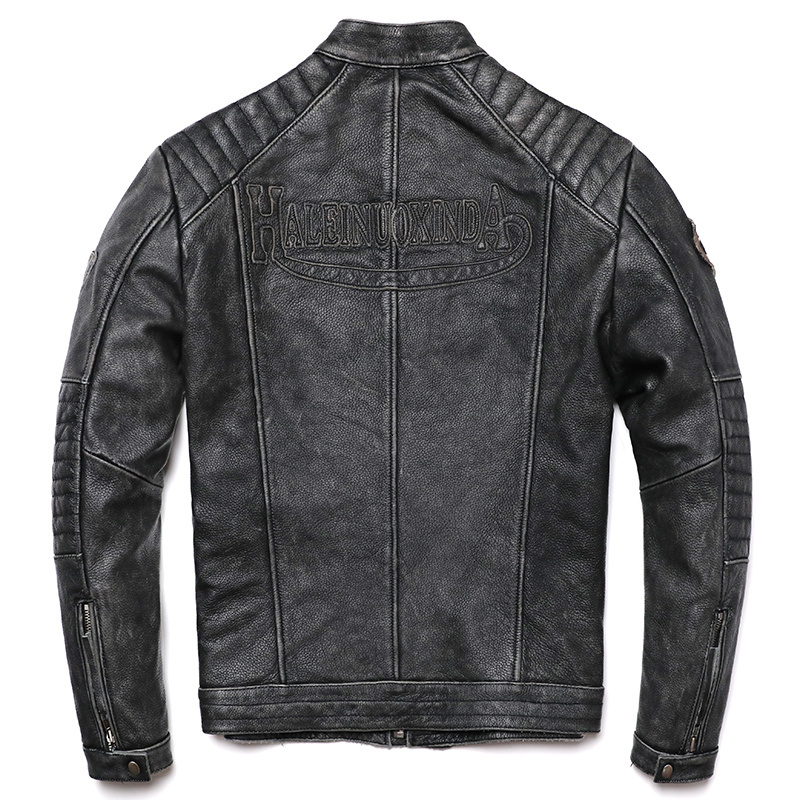New Vintage Grey Motorcycle Genuine Leather Jacket Men's Biker Natural Cowhide Jackets Man Slim Cool Clothing Coat