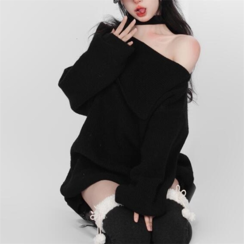 Deeptown Kpop Black Knit Halter Sweater Women Off Shoulder Sexy Y2K Long Sleeve Pullovers Jumpers Female Lazy Wind Gyaru 240911