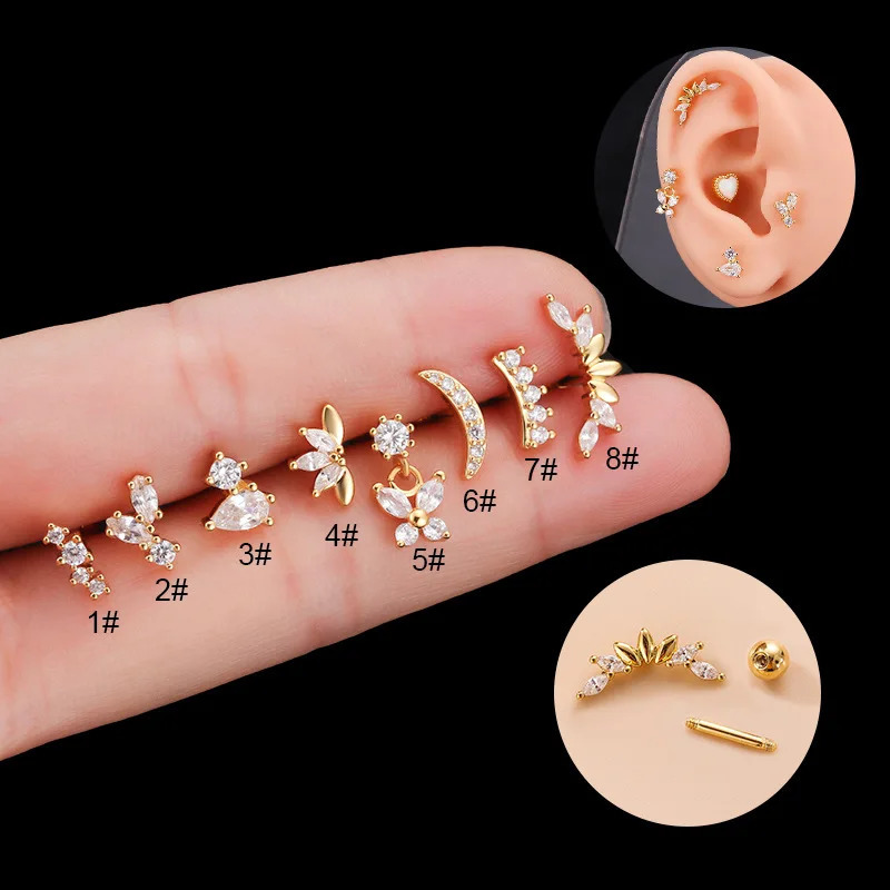 316L Steel Tragus/Cartilage Piercing Stud 16G Stainless Steel Cartilage Cubic Zirconia Stud Earrings for Women Girls 260711BJ