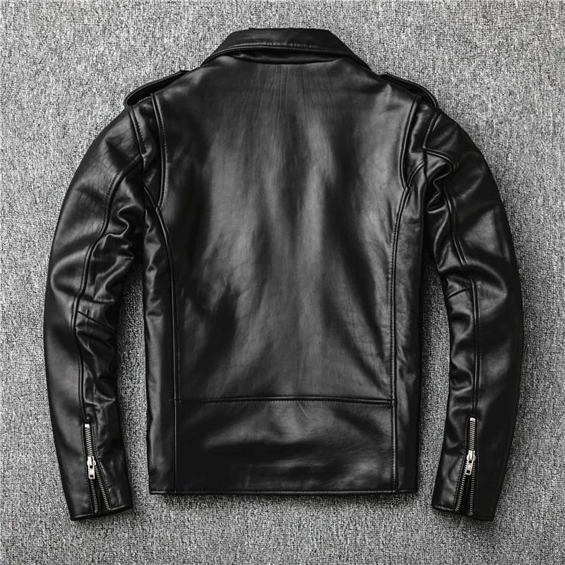 Classical Perfecto Motorcycle Leather New Zealand Sheepskin Men Black Genuine Leather Coat Slim Moto Jacket
