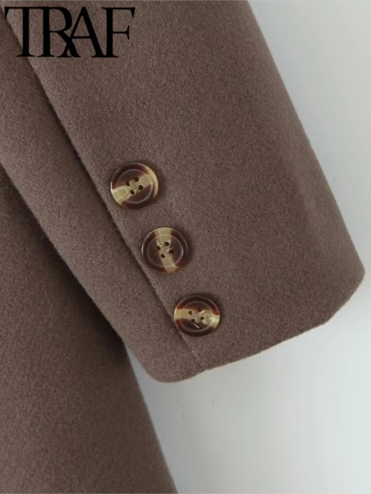 TRAF GAL Winter Elegant Women Trench Coat Long Sleeve Laple Double Breasted Medium Length Overcoat Jacket Woolen Coat 240909