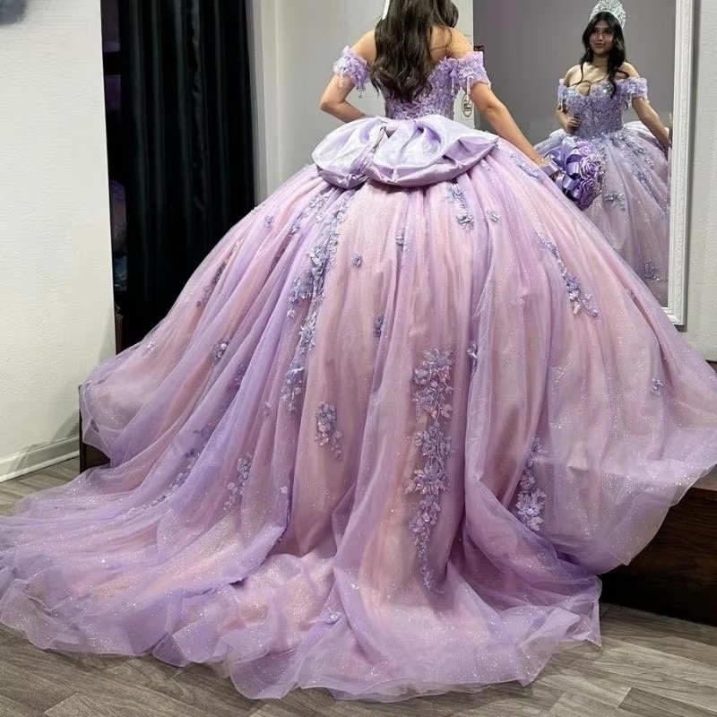 Lilac Mexican Quinceanera Dressess Off The Shoulder Luxury Applique Lace Beads Crystal Tull vestido 15 De Anos Corset Lace Up Sweet 16 Dress