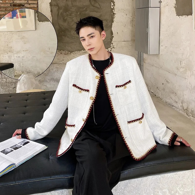 Korean Fashion Woven Tweed Suit Men Coat Round Neck Long Sleeve Single Breasted Male Jackets Casual Autumn Tops N19 240911