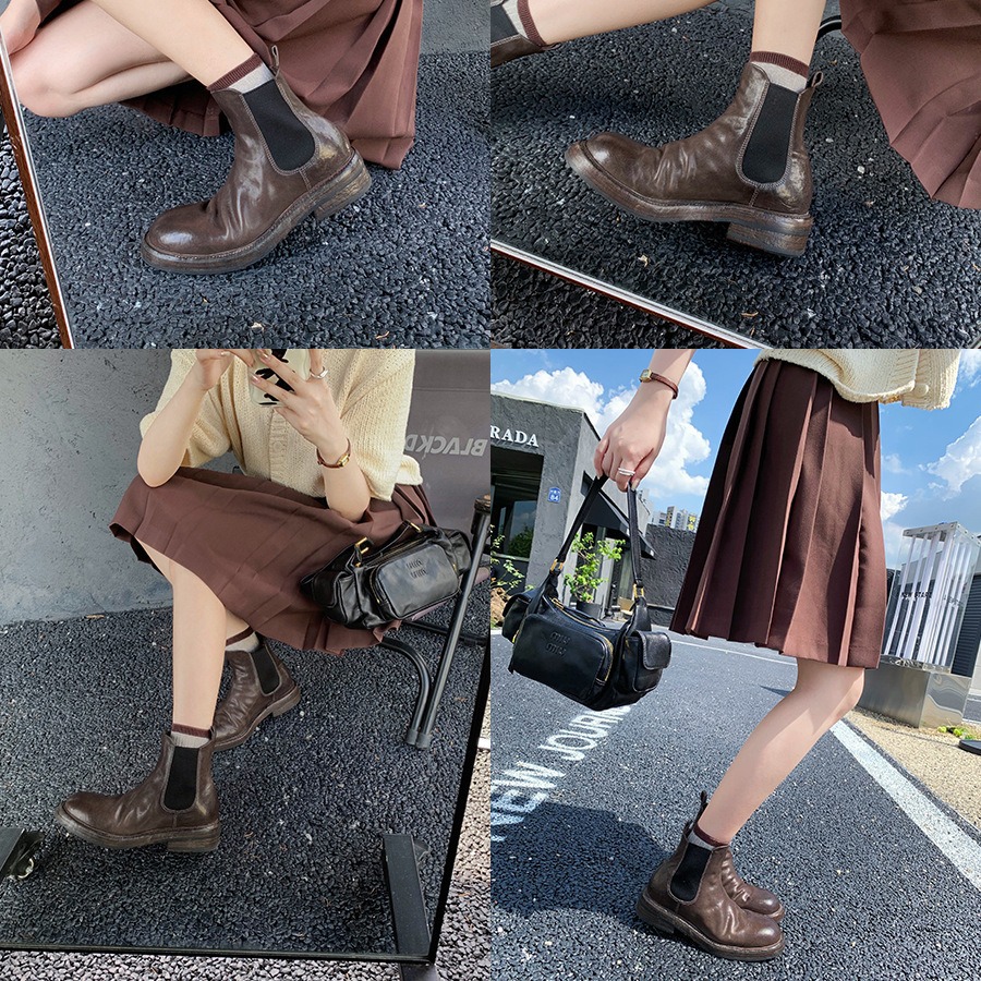 Wrinkled Thick-Heel Chimney Boots: Stylish Washed Horse Skin Leather Elastic Boots for Women 6cfe