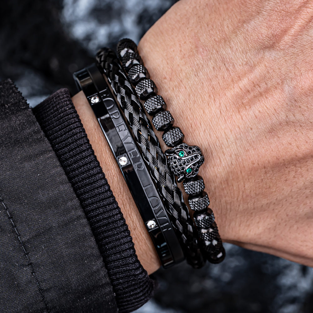 3pcs/set Men Bracelets Classical Handmade Braiding Bracelet Hip Hop Men Pave CZ Leopard Head Roman Numeral Bracelet Stainless Steel Jewelry