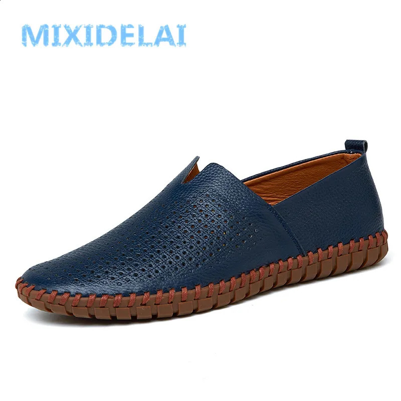MIXIDELAI Genuine Cow Leather Mens Loafers Fashion Handmade Moccasins Soft Leather Blue Slip On Mens Boat Shoe PLUS SIZE 38~47 240909