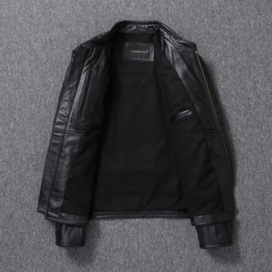 2023 Top Layer Cowhide Motorcycle Genuine Leather Stand Collar Springtime New Style Vintage Biker Jacket ASIAN