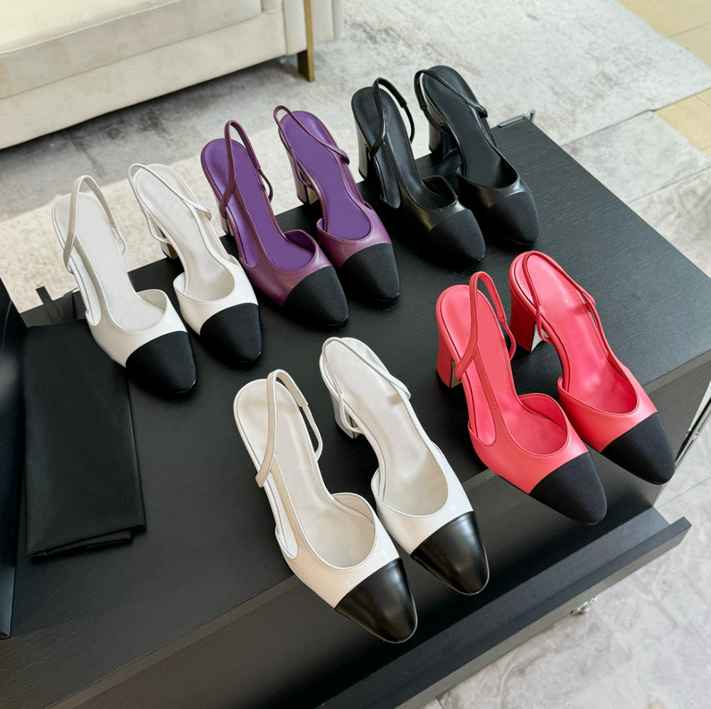 9.5cm High Quality Slingback thick Sandals leather sole chunky block Heels flats Circular toe Women's luxury designers wedding Dress office shoes 35-42 Bring box