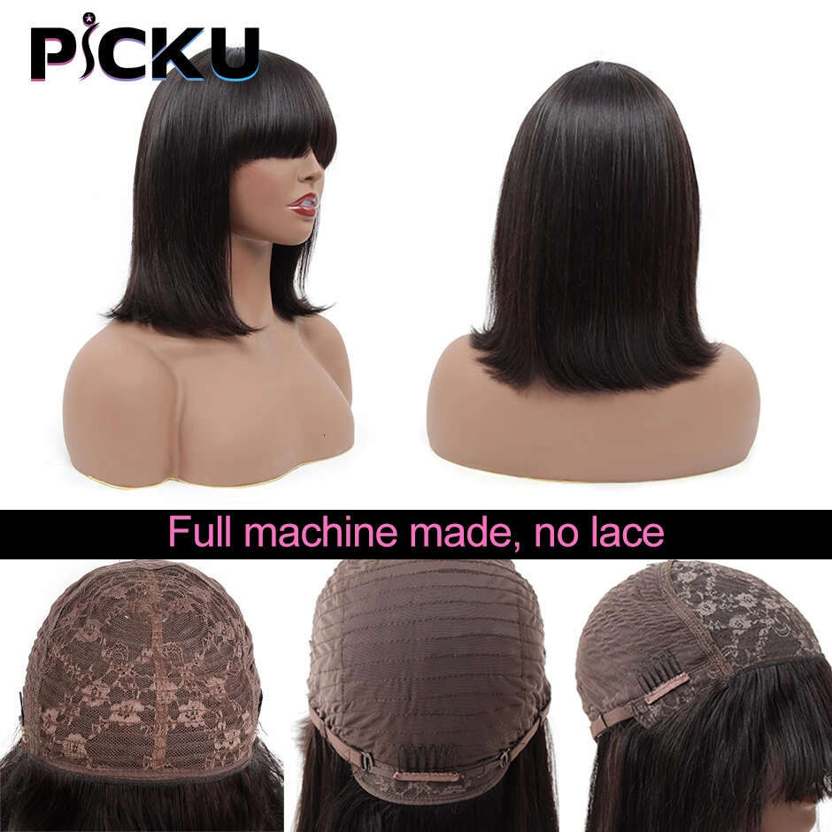 Brazilian Human With Bangs Remy Straight Hair Wigs Full Hine Made For Women 8-16 Inches Fringe Bob Wig