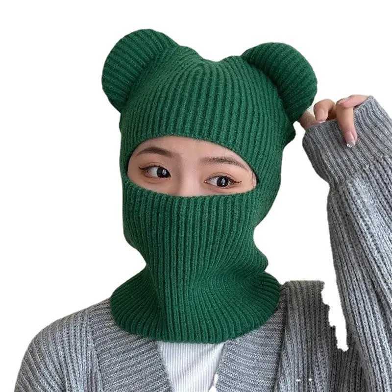 Beanie/Skull Caps New Womes cute full face ski mask hat with bear ears Balaclava knit hat windproof skull hat Beanies hat winter warmth J240913