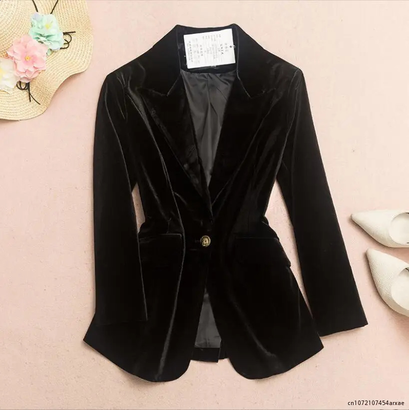 Womens Autumn Winter Long Blazer Office Ladies Slim Suit Jacket Velvet Female V Neck Single Button Solid Casual Outwear 240913