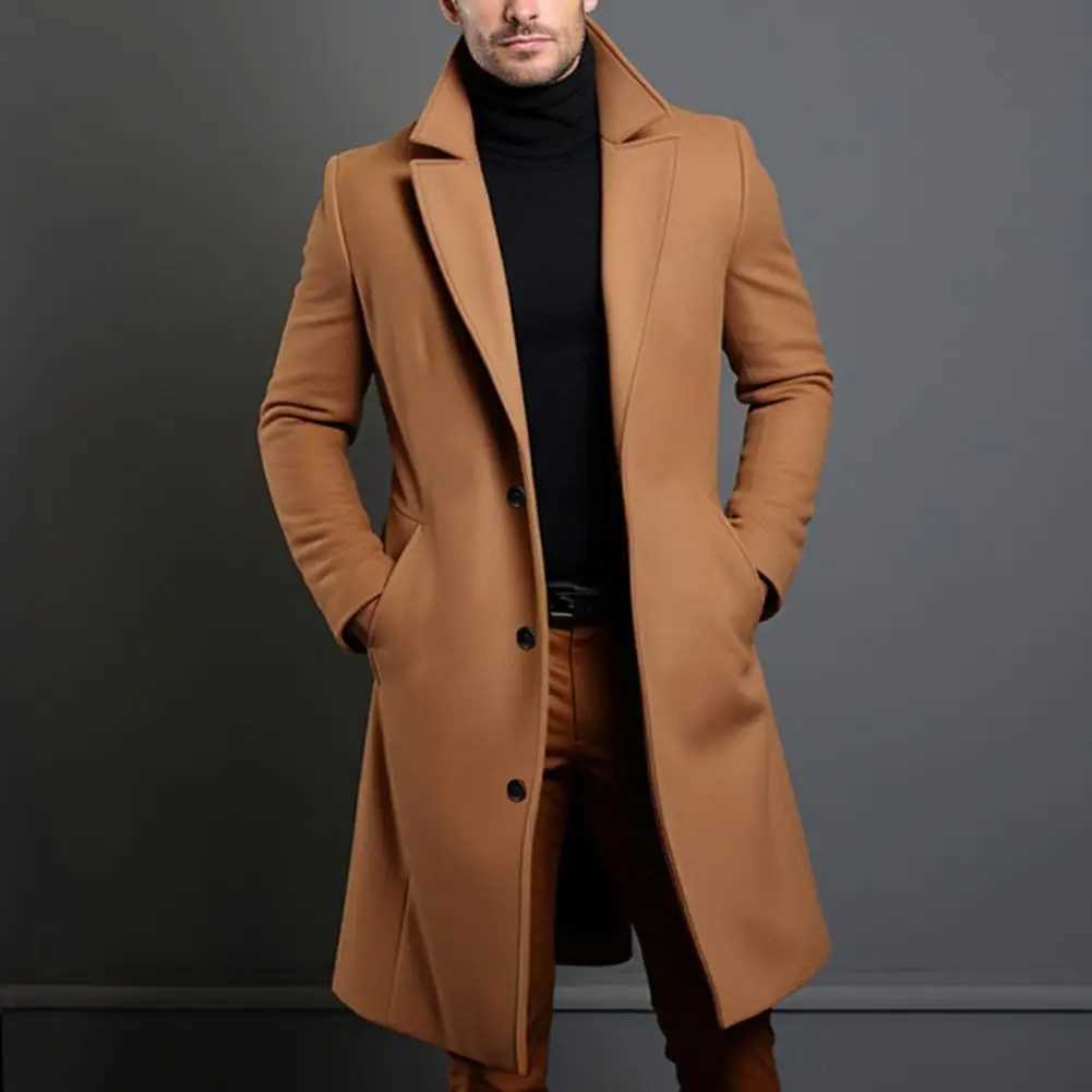Men Autumn Coat Men Woolen Coat Stylish Mens Woolen Coat with Lapel Collar Pockets Mid-length Windbreaker for Autumn Winter LX241010