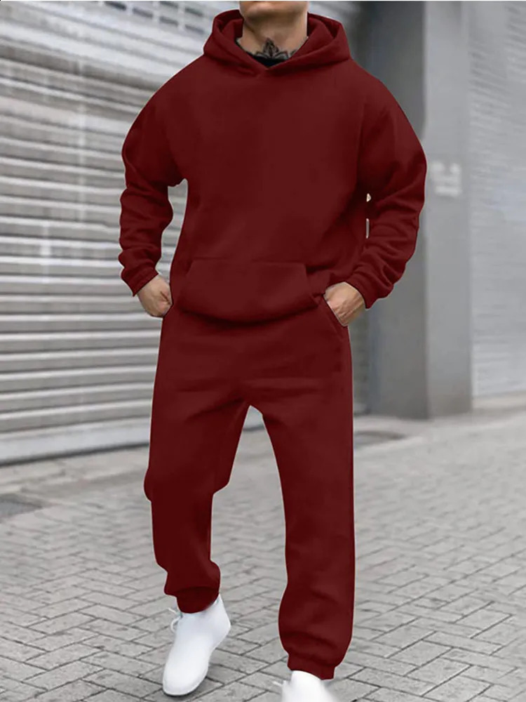 Autumn Solid Plus Velvet Tracksuit For Male Long Sleeve Hoodie Straight Sweatpants 2 Piece Set Mens Hooded Sweatshirt Outfits 240918