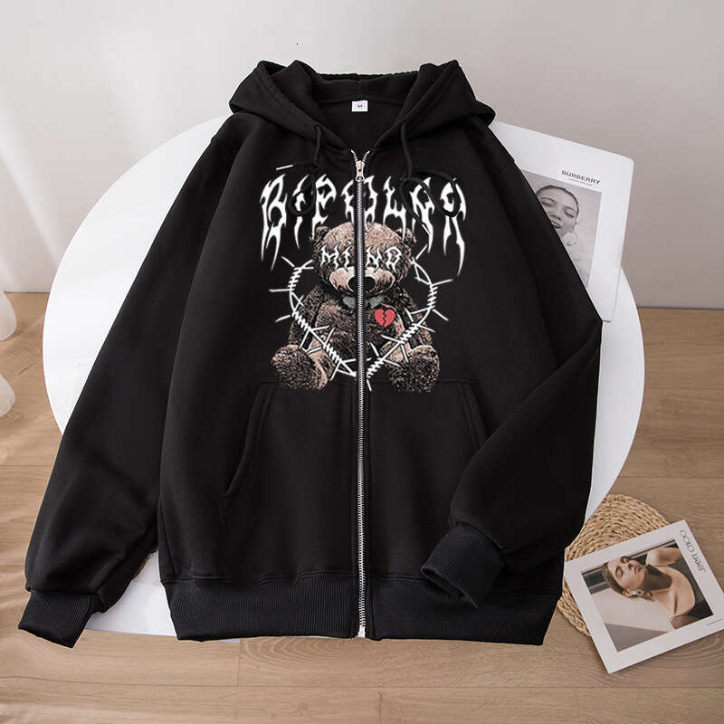 2024 New Y2K Bear Doll Printed Zipper Hoodie Street Trendy Brand Fleece Loose Zip Up Hoodie Hat