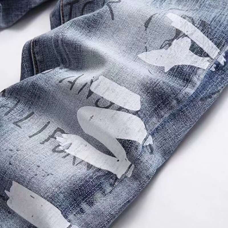 European and American fashion brands autumn retro graffiti letter print slim fit jeans men's trend scratched small feet foreign trade pants