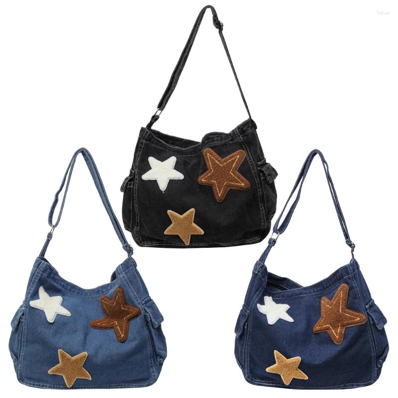 Shoulder Bags Star Denim Bag Large Capacity Trendy Crossbody With Zipper Adjustable Strap Everyday Purse Multi Pocket For Women