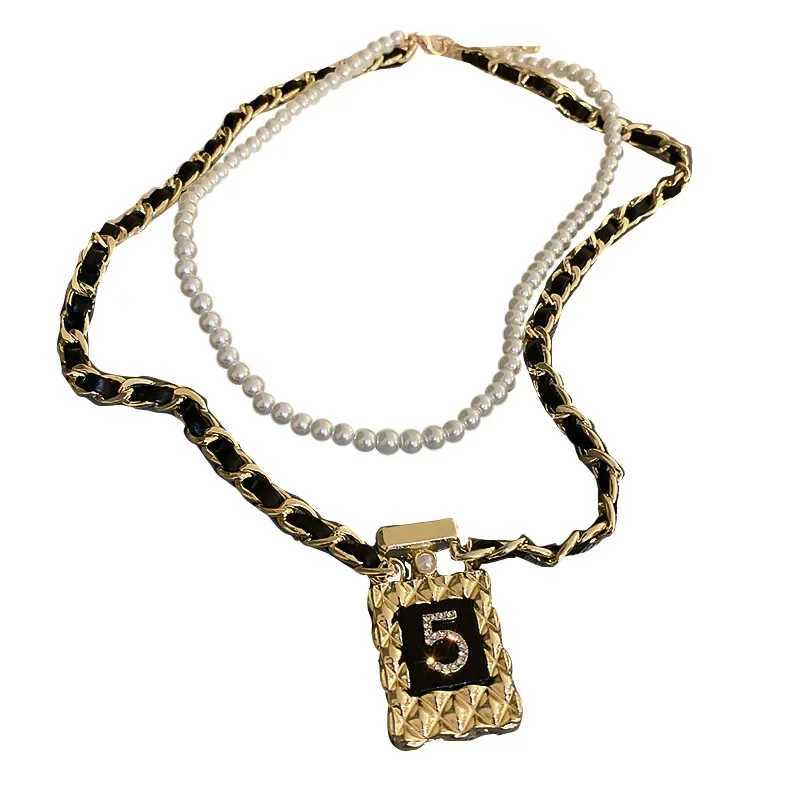 Belts Fashion Crystal perfume Pendant Necklace Womens PU Leather Pearl Laminated Necklace J240913