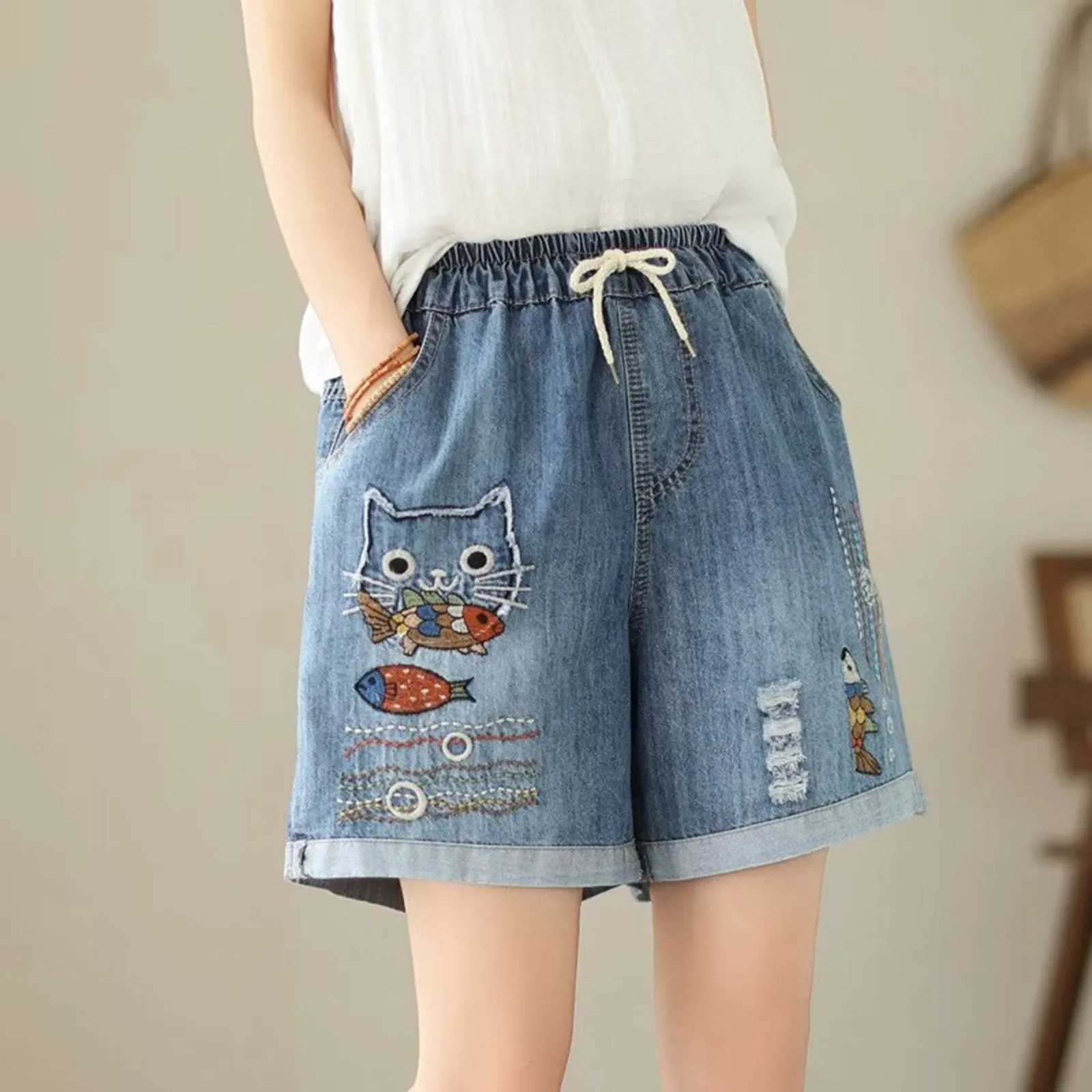 Ethnic Style Funny Cartoon Printed Wide Leg Shorts For Women Jeans Rolled Up Elastic Waist Bandage Y2k Shorts Baggy Denim ShortsX240918