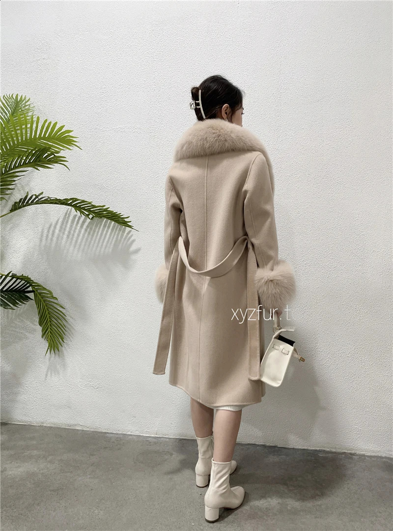 Long cashmere coat womens winter jacket with real fox fur collar fashionable wool blend streetwear 240911