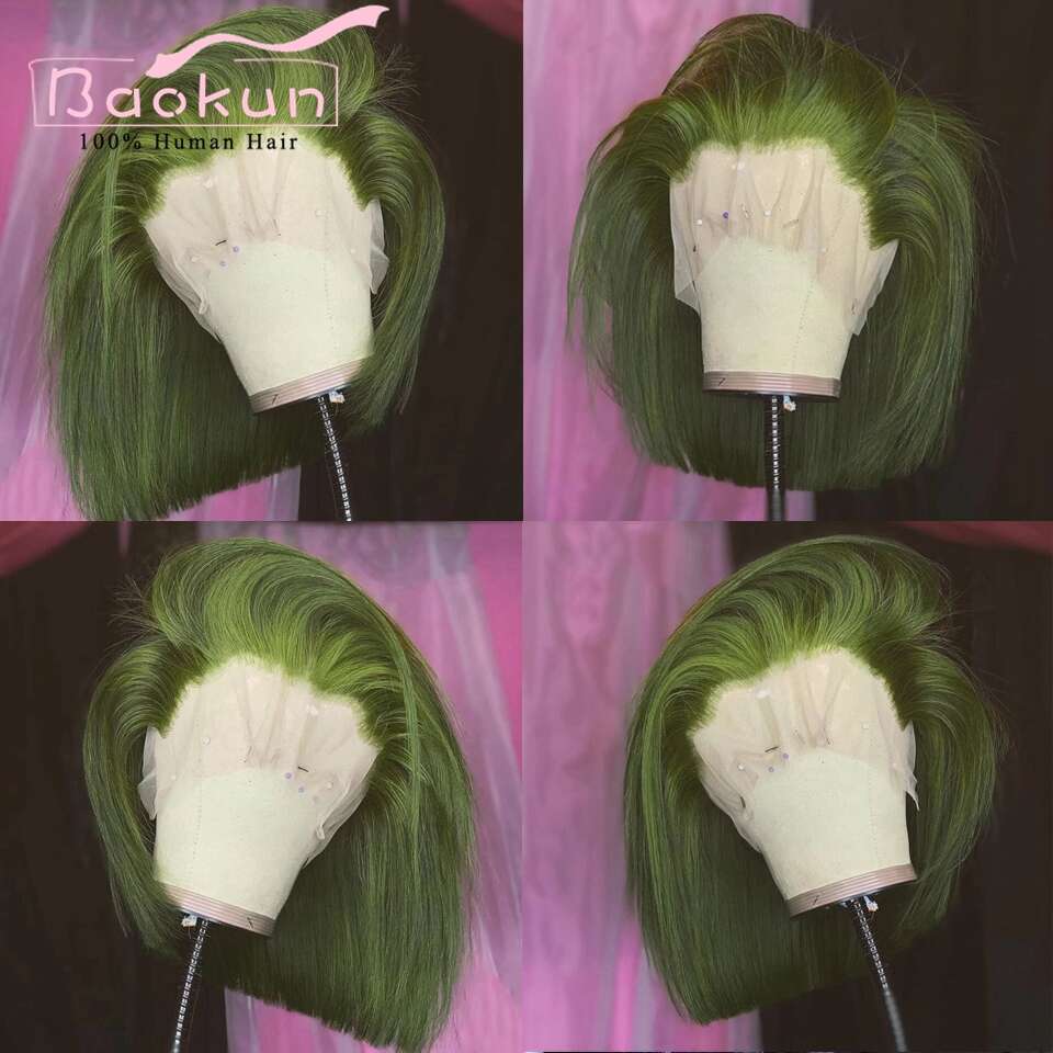 Dark Green Short 200 Density 13X6 HD Frontal Wig Pre Plucked 13X4 Bob Straight Lace Front Wigs Human Hair