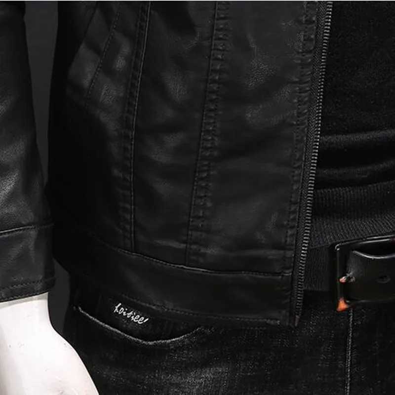 JUMPSNOW Mens Motorcycle Leather Jacket Large Pocket Black Zipper Collar Slim Fit Mens Spring Autumn High Quality PU Coat W240918