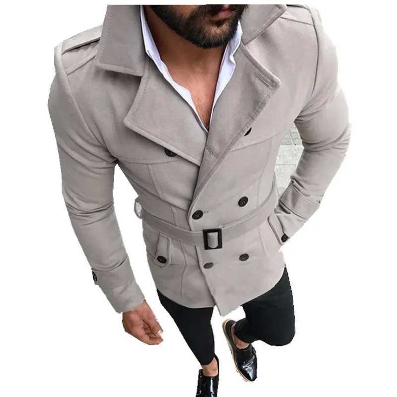 Fashion Men Woolen Jackets Autumn Winter Lapel Double Button Windbreaker Trench Coat Belt Cold Resistance Mid-Long Overcoat Y240918