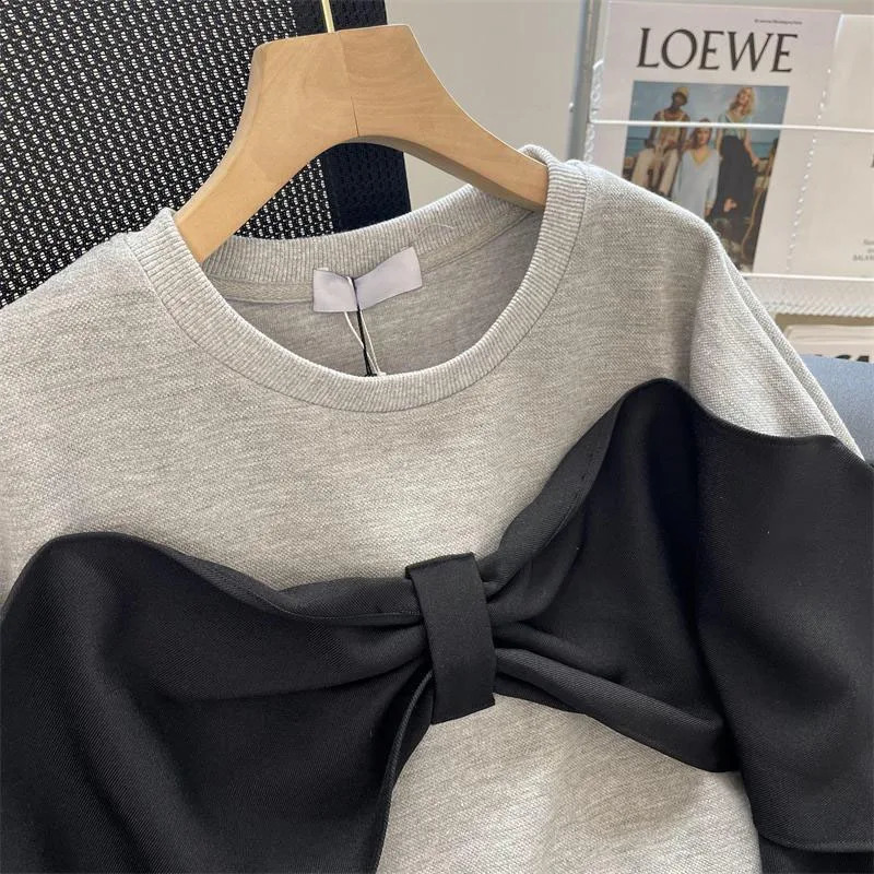 Spring and Autumn Fashion Two Pieces Loose Large Spliced Bow Versatile Foreigner Round Neck Womens Long Sleeve Sweater 240914