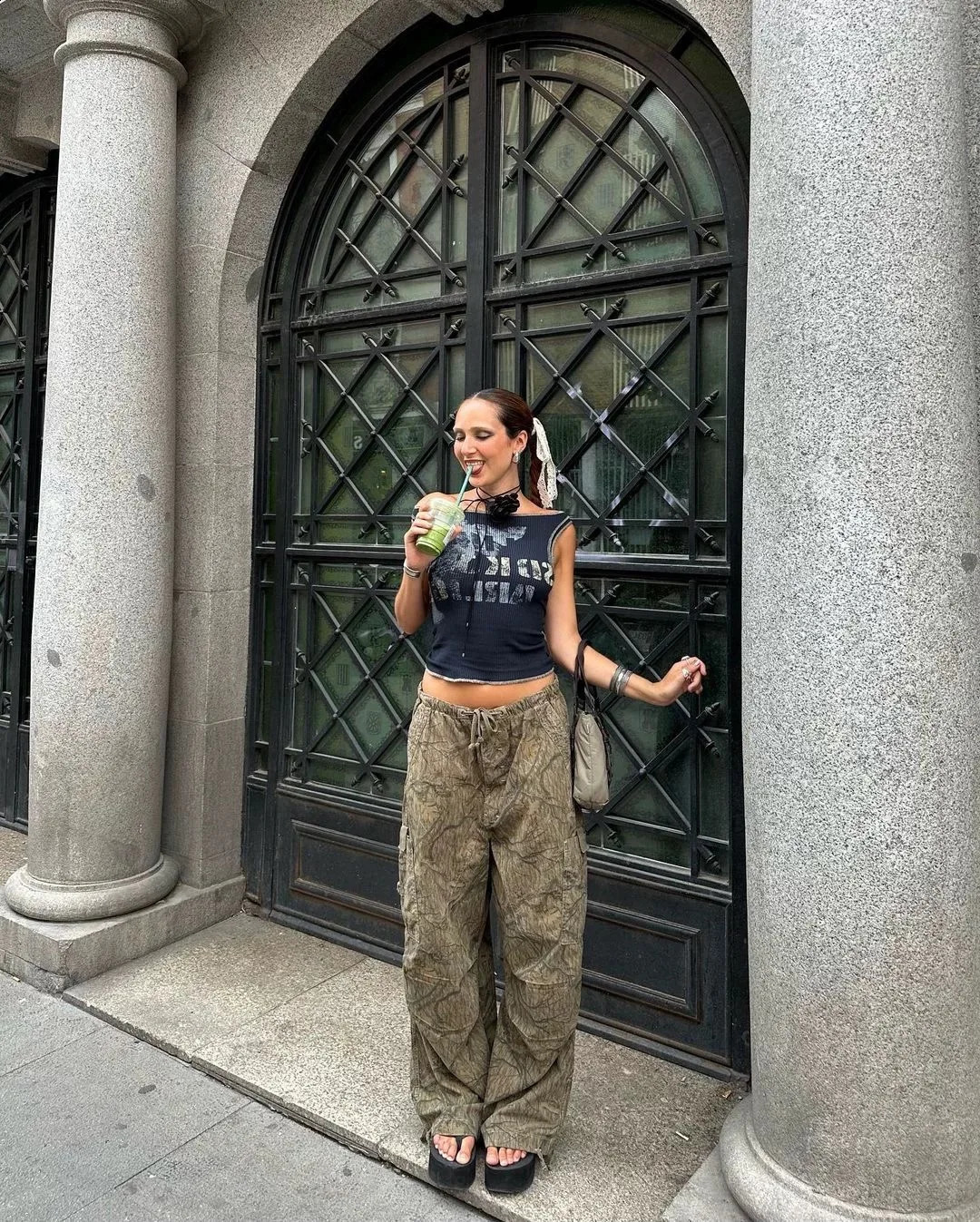 Jaded London Leaf pattern arm green cargo drawstring loose casual pants for men and women 240914