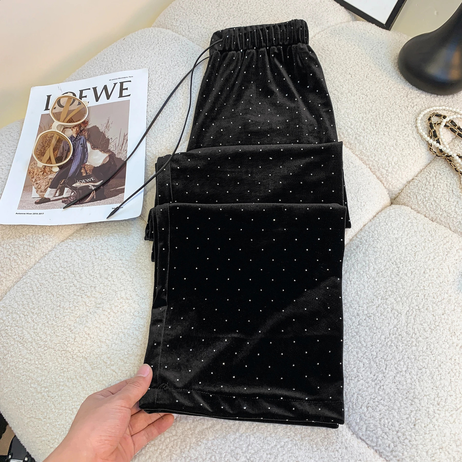 Black Wide Leg Womens Autumn and Winter Fashionable Chic Tie High Waist Straight Gold Velvet Casual Pants Z260314