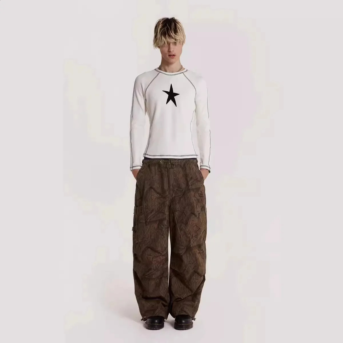 Jaded London Leaf pattern arm green cargo drawstring loose casual pants for men and women 240914