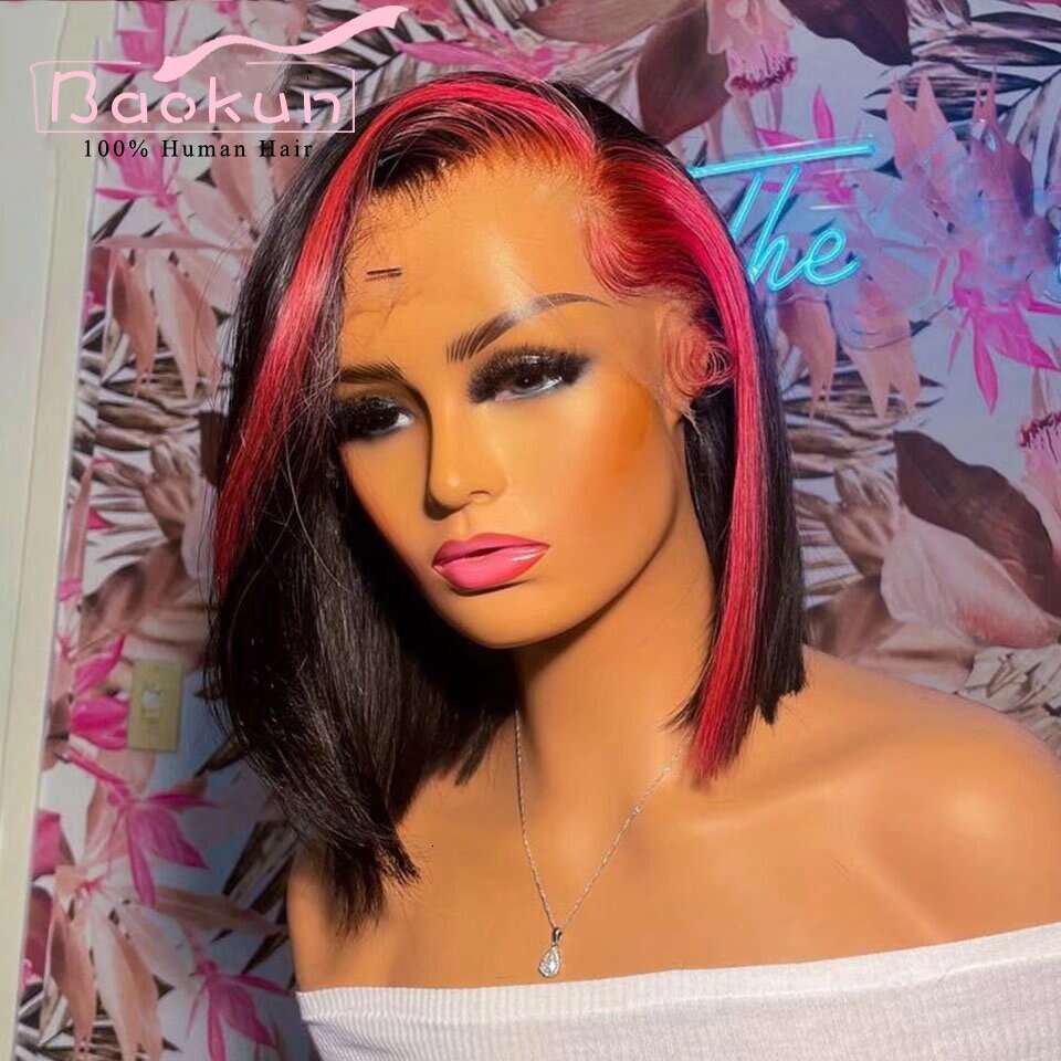 13X4 Highlight Bob Front Red Yellow Transparent 13X6 HD Lace Frontal Wig Short Straight Human Hair Wigs