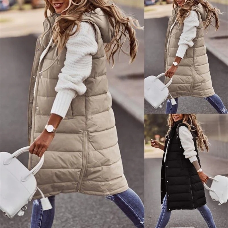Sleeveless Winter Jacket Women Midi Coats Down Vest Keep Warm Elegant Black Hooded Street Hipster Lady Cotton Overcoat 240911