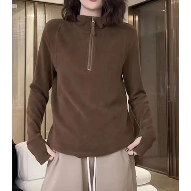 Women Trendy Half Zipper Stand Collar Simple Casual Sweatshirts Y2K Autumn Winter Female Solid Thicken Warm Basic Pullover Tops 240906