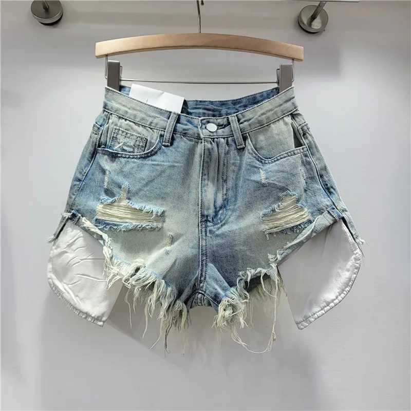 2024 Summer New Womens Pink Hole Denim Shorts High Waist Slimming Spicy Girl A-line Ragged Edge ShortsX240918