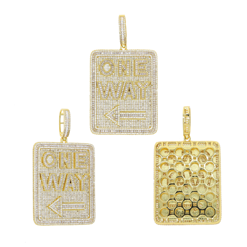 New Iced Out Bling Direction Signs Pendant Necklace Cubic Zirconia Letter One Way Charm Men Fashion Hip Hop Jewelry