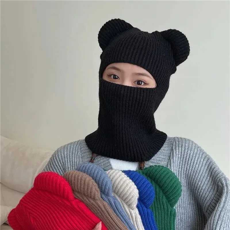 Beanie/Skull Caps New Womes cute full face ski mask hat with bear ears Balaclava knit hat windproof skull hat Beanies hat winter warmth J240913