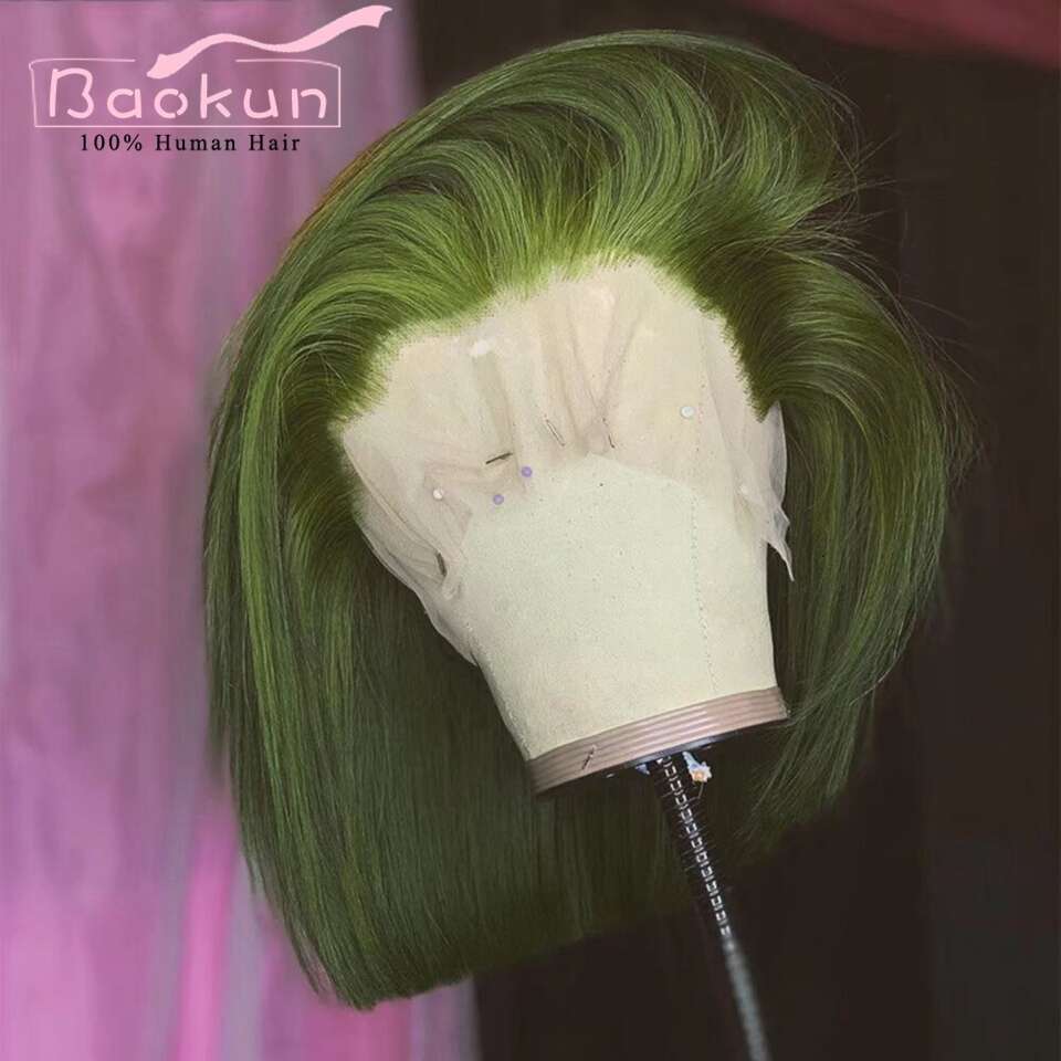 Dark Green Short 200 Density 13X6 HD Frontal Wig Pre Plucked 13X4 Bob Straight Lace Front Wigs Human Hair