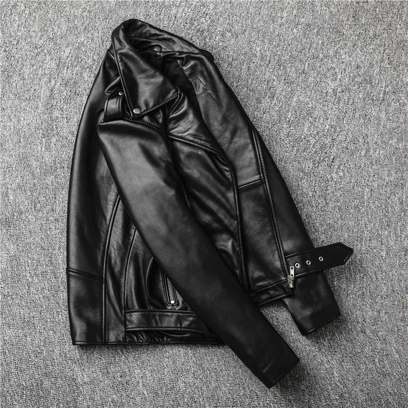 Classical Perfecto Motorcycle Leather New Zealand Sheepskin Men Black Genuine Leather Coat Slim Moto Jacket