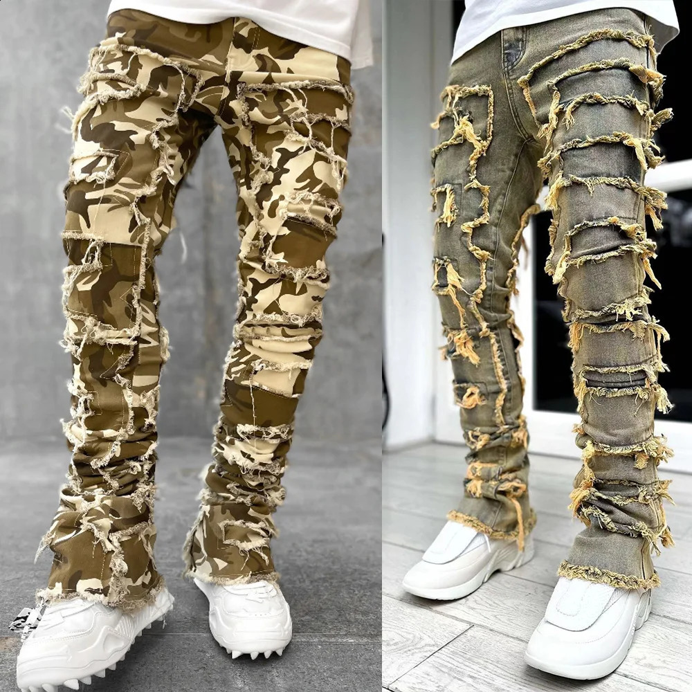 High Street White Mens Stacked Jeans Stretched Patchwork Tassel Damaged Denim Full Length Pants Hip-pop Trousers For Male 240912CJ