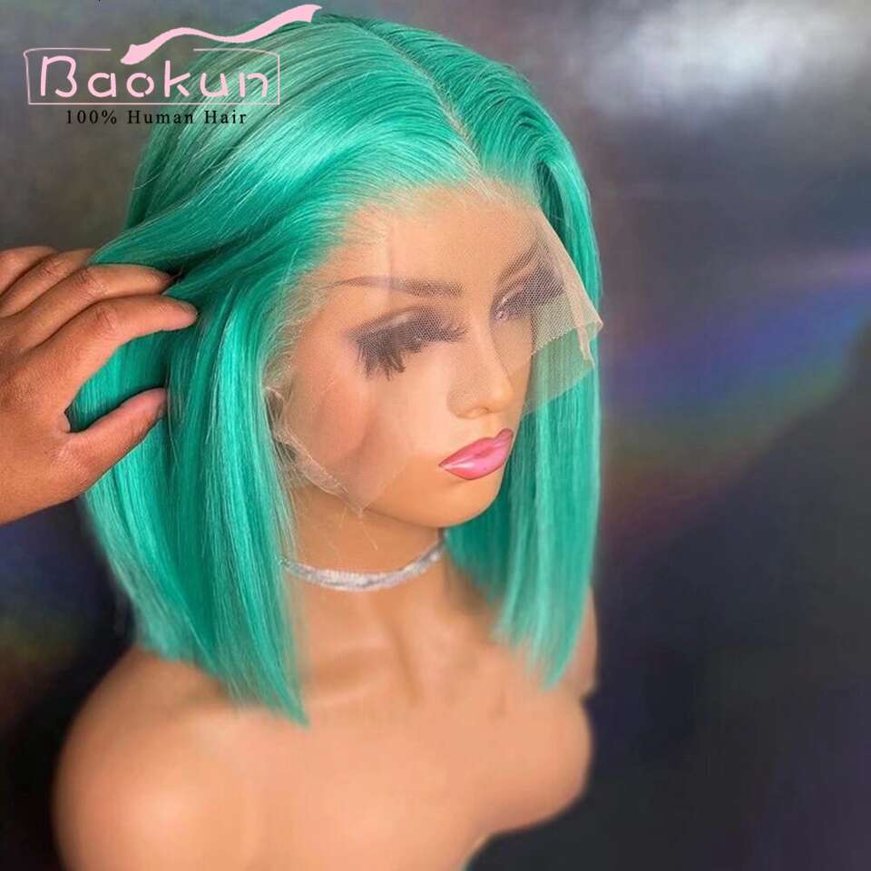 Mint Green Red Wigs Brazilian Short 360 Lace Front 13X4 HD Bob Straight Frontal Wig Human Hair