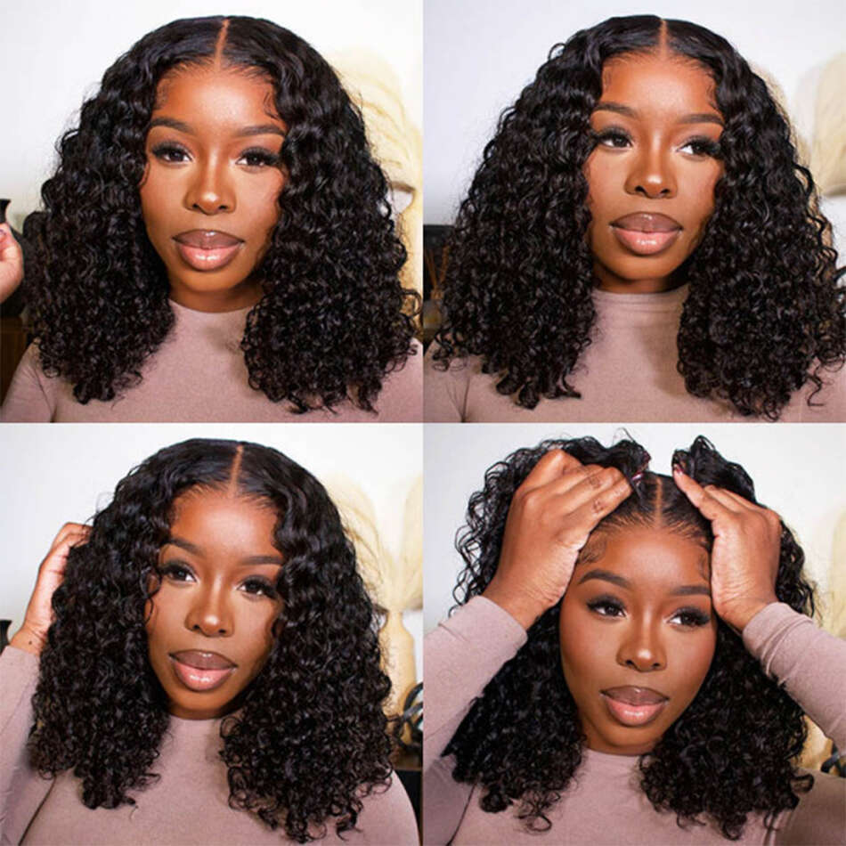 Deep Wave 13X4 Front Short Bob Human Hair Wigs Transparent Kinky Curly Lace Frontal Wig For Black Women 180%